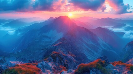 Poster -  a sunset over a mountain range with clouds and a bright orange sun in the middle of the sky over the top of the mountain range is a red and blue sky.