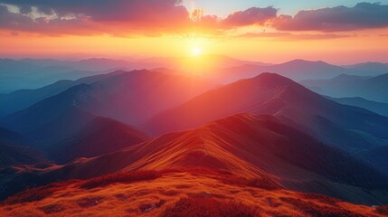 Sticker -  a sunset view of a mountain range with the sun rising over the top of the mountains in the foreground and the sun rising above the mountains in the horizon.