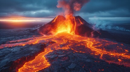 Wall Mural -  an active volcano erupts lava and steam as it erupts into the air in a dark, cloudy sky above a mountain range of lava and lava.