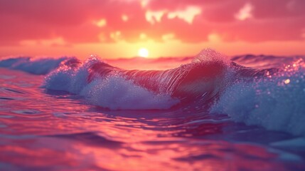 Poster -  a close up of a wave in the ocean with a setting sun in the backgrouund of the picture and the sun in the sky above the water.