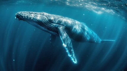 Wall Mural -  a humpback whale swims beneath the surface of the water, with its head above the water's surface, as it looks like it is floating in the ocean.