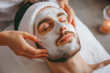 Handsome man relaxing with facial spa with white mask on face at spa salon,facial care and lifestyle concept.