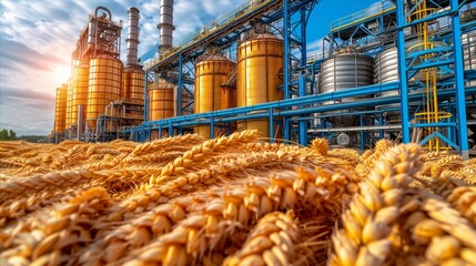 Agricultural industry and grain processing plant at sunset