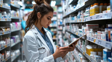 Poster - Female pharmacist or healthcare professional taking inventory or reviewing a clipboard in a pharmacy with shelves stocked with various medications.