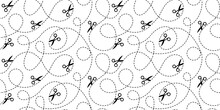 Pattern With Dashed Line And  Scissors. Cut Here Scissors Pattern. Cut Dash Line. Seamless Pattern Of Scissors With Cut Line. Vector Cutting Scissors Pattern On White Background.