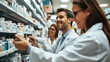 Smiling pharmacists in white coats, working and discussing medication options in a well-stocked pharmacy.