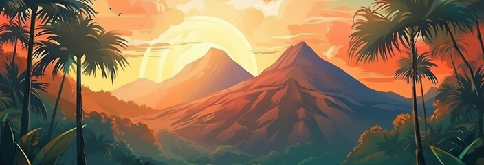 Wall Mural - sunset overlooking the sea and mountains