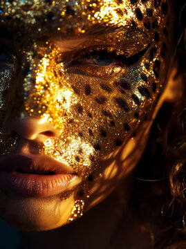 Creative Golden face makeup, closeup pose, Golden lips, the art of makeup style, 