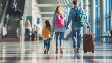 Poster - Family is seen from behind walking through an airport terminal, with the father carrying luggage