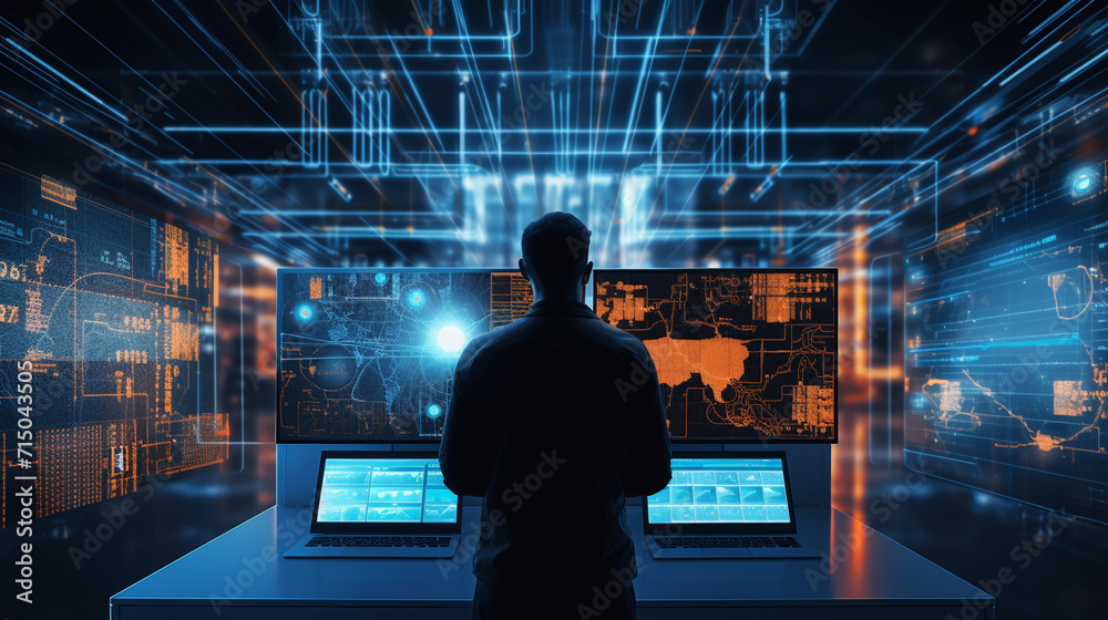 Digital Nexus: Data Center Engineer Engaged in Network Security and Troubleshooting