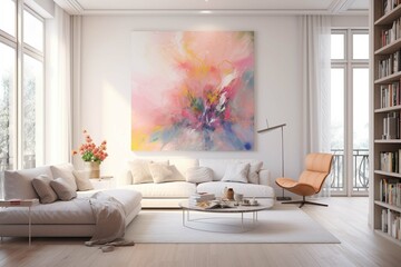 Wall Mural - Bright minimalistic interior, contemporary design for living room with huge painting of the art painting