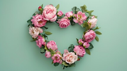 Wall Mural - wreath frame in the shape of a heart of pink roses and peony flowers isolated on a pastel green background with copy space.