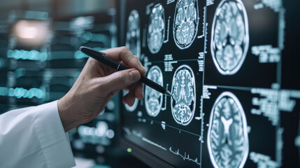 Canvas Print - Medical professional analyzing a series of MRI brain scans displayed on a high-tech digital monitor.