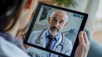 Sticker - Person holding a tablet with the image of a male doctor on the screen, suggesting a virtual medical consultation or telemedicine appointment.