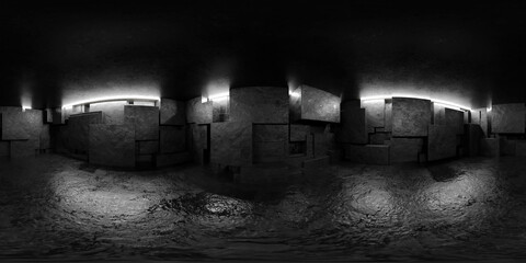 Poster - dark indutrial room with concrete cube walls 360 panorama vr environment map