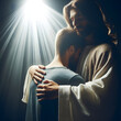 Jesus with love and care comforting young troubled man