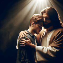 Wall Mural - Jesus with love and care comforting young troubled man