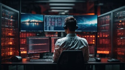 Back view of a man working in a server room at night