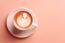 Flat Lay With Pink Cup Of Latte On Peach Background. Valentine's Day Promotion For A Coffee Shop. Banner With Copy Space.
