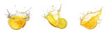 Set of lemon slice with lemon juice splash isolated on a transparent background