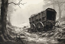 
Crashed Covered Wagon Along Dirt Road Through Dense Woods, Black White Sketch, 