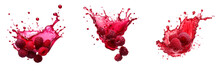 Set Of Raspberry With Berry Juice Splash Isolated On A Transparent Background