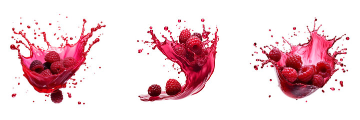 Wall Mural - Set of raspberry with berry juice splash isolated on a transparent background