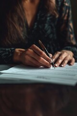 Poster - A woman sitting at a table writing on a piece of paper. Suitable for various purposes