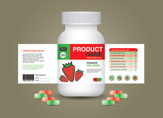 Sticker - Strawberry supplement bottle Packaging, Cosmetic package. product design. Beauty label, 3d supplement bottle vector, 3d white plastic Pills box, White medical container. healthcare bottle, vector