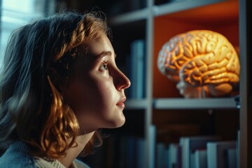 Poster - A woman carefully examines a model of a human brain, studying its intricacies and functions. This image can be used to illustrate neuroscience, medical research, education, or psychology