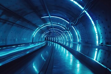 Sticker - An escalator going through a tunnel illuminated with blue lights. Perfect for futuristic or modern-themed designs