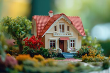 Poster - A miniature model of a house with a red roof. Ideal for showcasing architectural designs or home decor concepts