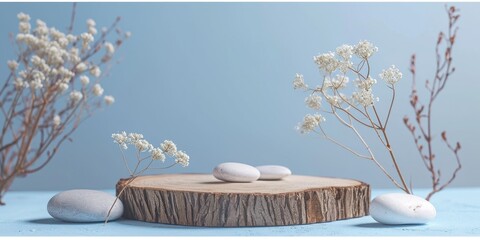 Poster - White rocks and flowers placed on a blue surface. Suitable for various uses
