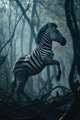 Poster - A zebra standing on its hind legs in the woods. Suitable for wildlife or nature-themed projects