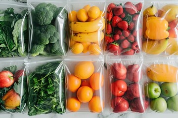 Poster - Fresh and colorful assortment of fruits and vegetables packed in plastic bags. Ideal for healthy eating concepts and grocery store promotions