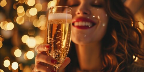 Poster - A woman elegantly holds a glass of champagne in front of a beautifully decorated Christmas tree. This festive image can be used to celebrate the holiday season in style