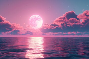 Poster - A beautiful pink full moon rising over the ocean. Perfect for nature and celestial themed designs