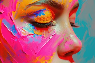 Poster - Close-up of a woman's face with bright paint. Versatile image for various purposes