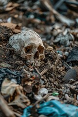 Poster - A skull sitting on top of a pile of trash. Suitable for illustrating themes of decay and waste