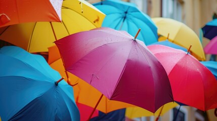 Poster - Colorful umbrellas hanging from the side of a building. Perfect for adding a pop of color to any urban scene