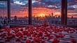 Valentine's day, hotel bedroom, Bed covered in red rose petals overlooking New York skyline.