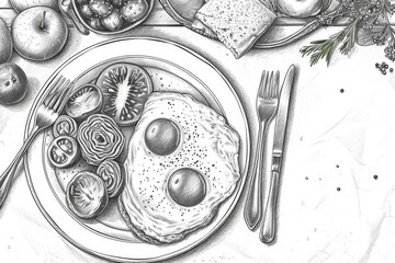 Poster - A drawing of a plate of food on a table. Suitable for food blogs, restaurant menus, and recipe websites