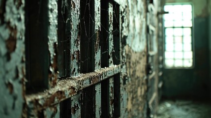 Poster - A jail cell door with a window in the background. This image can be used to depict incarceration, imprisonment, or the justice system