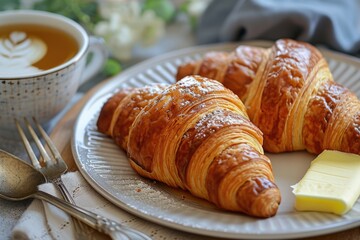 Wall Mural - Delicious croissants served with butter and a cup of coffee. Perfect for breakfast or a coffee break