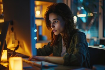 Sticker - A woman is sitting in front of a computer on a desk. This image can be used to illustrate concepts related to work, technology, or office environment