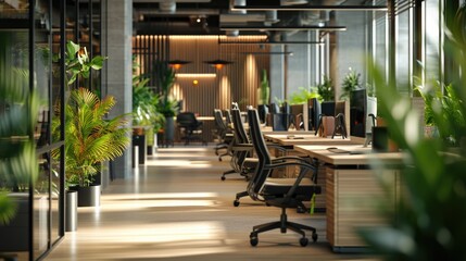 Poster - An office setting with multiple desks and vibrant plants. Suitable for business, workspace, or office-themed designs
