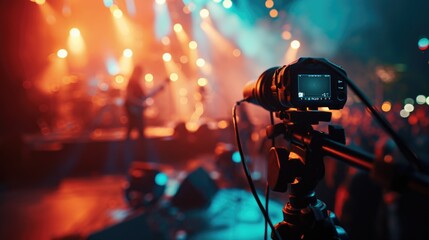 Wall Mural - A camera on a tripod positioned in front of a stage. Perfect for capturing live performances or events.