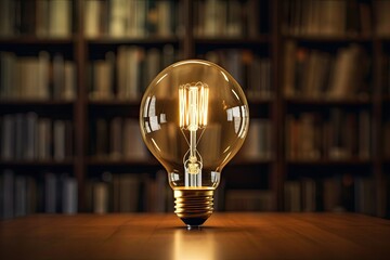 Aufkleber - A glowing light bulb in book of library, bookshelf lighting to emphasize the glow within the bulb