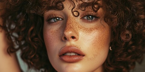 Poster - A close-up shot of a woman with freckles on her face. This image can be used to showcase natural beauty and diversity
