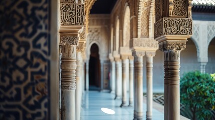 Poster - A picture of a building with columns and a clock on the wall. Suitable for architectural themes or time-related concepts